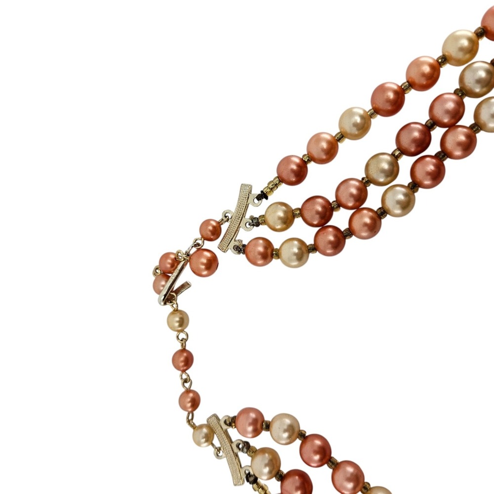 Vintage Japan Triple Strand Faux Pearl Necklace Pink and Cream - Picture 2 of 4